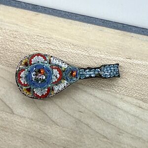 Vintage Micro Mosaic Brooch In The Shape of A Mandolin Italy 40s 50s Fashion Pin